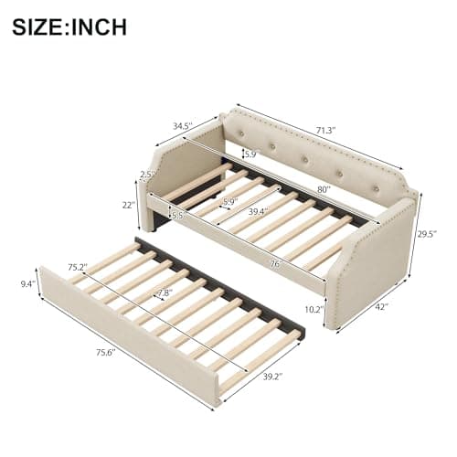 LZ LEISURE ZONE Beige Twin Size Daybed with Trundle for Bedroom Living Room