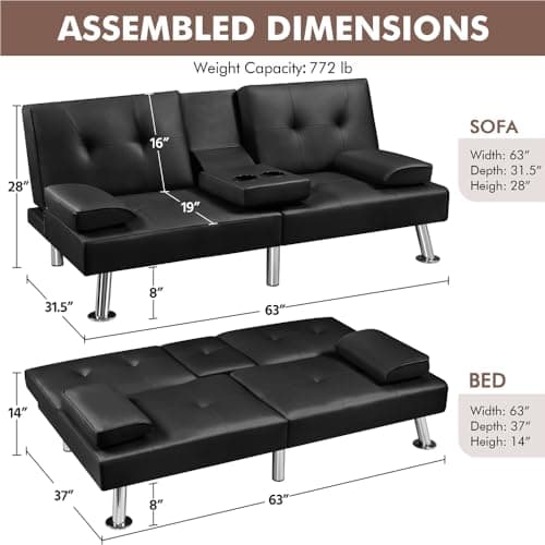 Yaheetech Adjustable Couch Bed with Faux Leather, Black
