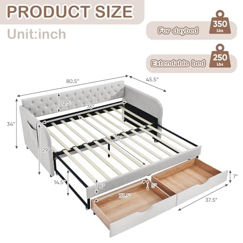 Modern 80.5 Daybed with Trundle Bed and Storage Drawer, Beige