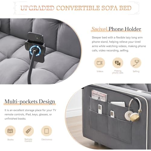 Antetek 3-in-1 Convertible Sleeper Sofa with Phone Holder - Modern Velvet Loveseat with Pullout Bed for Small Spaces, Grey