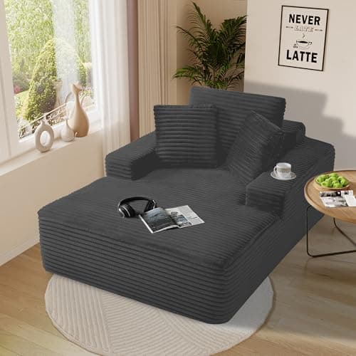 Dark Grey Oversized Faux Fur Chaise Lounge for Living Room - Comfy Backrest & 3 Pillows