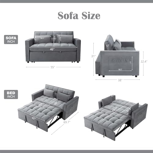 55" Convertible Velvet Sleeper Sofa Bed with Storage | Grey
