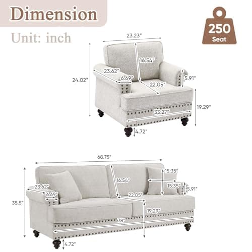 Mid-Century Modern Chenille Sofa Set with Arm Chair and 3 Seater Couch