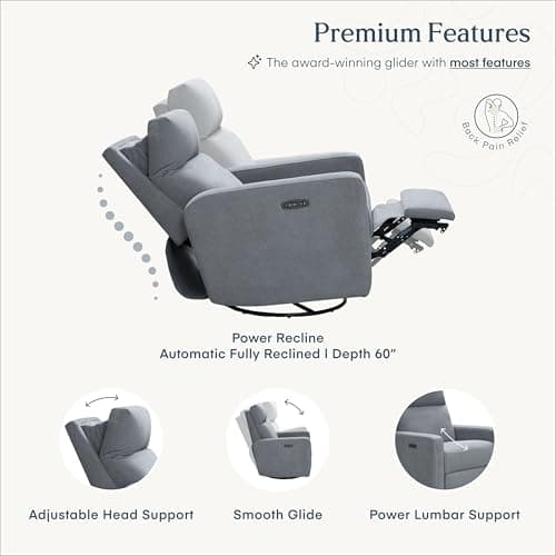 Nurture The Glider Plus - Premium Nursery Recliner with USB | Adjustable Head & Lumbar Support (Gray)