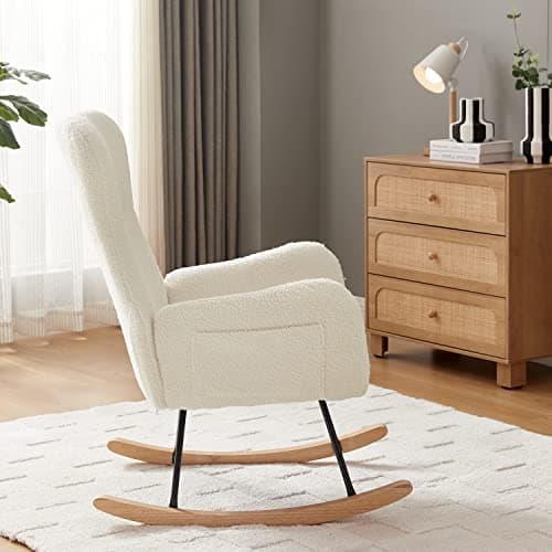 Cream White Teddy Fabric Nursery Glider Rocker for Living Room/Bedroom/Nursery