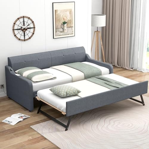 Twin Size Upholstered Daybed with Trundle - Dark Grey | Ultimate Guest Bed with Tufted Back and Piping Detail for Bedroom | No Box Spring Needed  
Twin Size Upholstered Daybed with Trundle - Dark Grey | Perfect Sofa Bed for Guest Room with Button Bac