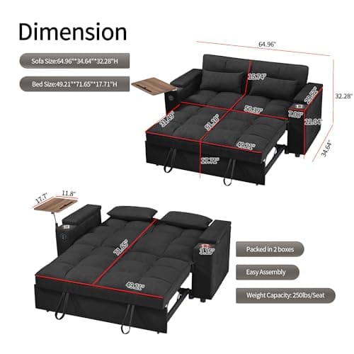 Eafurn 3-in-1 Convertible Pull-Out Sofa Bed with Storage Armrest