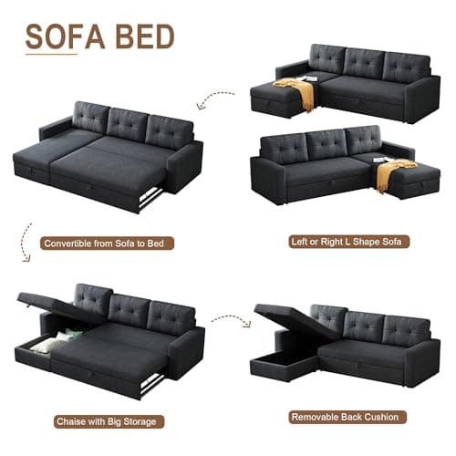 Dark Grey L-Shaped Reversible Upholstered Sleeper Sectional Sofa