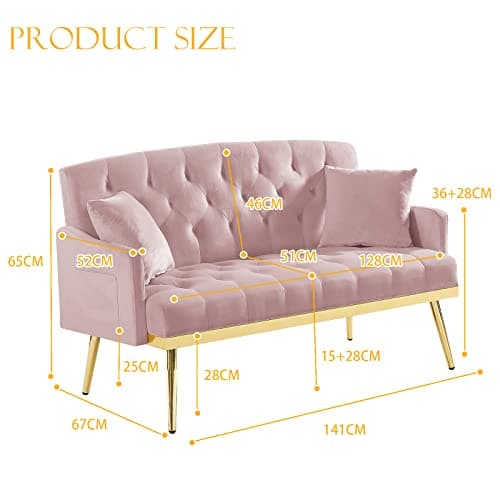 Antetek Velvet Loveseat with Side Pocket and Golden Legs, Pink