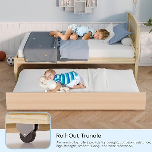 Twin Size Extendable Daybed with Trundle, Solid Wood Support (Natural)