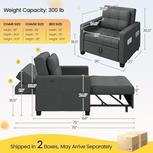 Yaheetech Dark Gray Convertible Sofa Bed with Adjustable Backrest & Charging Ports