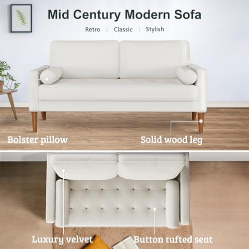Mid Century Modern Beige Tufted Velvet Love Seat Sofa, 56" Comfy 2 Seater