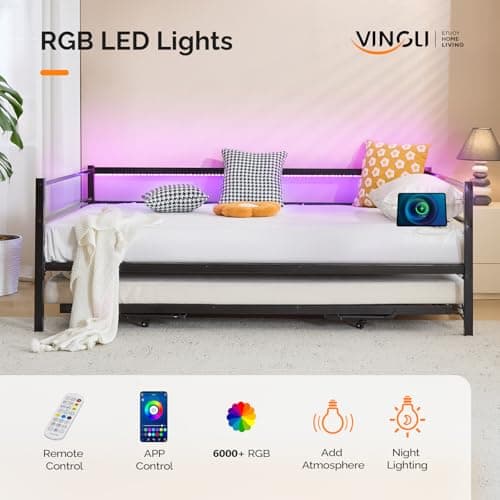 VINGLI Twin Daybed with Pop-up Trundle, Charging Station & LED Lights, Black
