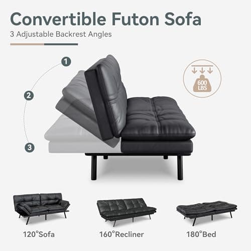 Black Faux Leather Futon Sofa Bed with Memory Foam & Adjustable Backrest