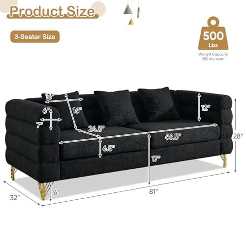 Modern Black Teddy Fabric Love Seat Sofa with Square Arms & Metal Legs for Living Room