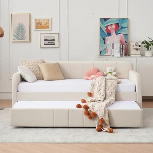 Twin Daybed with Pop Up Trundle for Guest Room Bedroom | Velvet Tufted Upholstered Twin to King Size Daybed Frame | Beige  
Pop Up Trundle Daybed for Guest Room | Velvet Tufted Upholstered Twin to King Size | Beige  
Twin to King Size Daybed with Pop