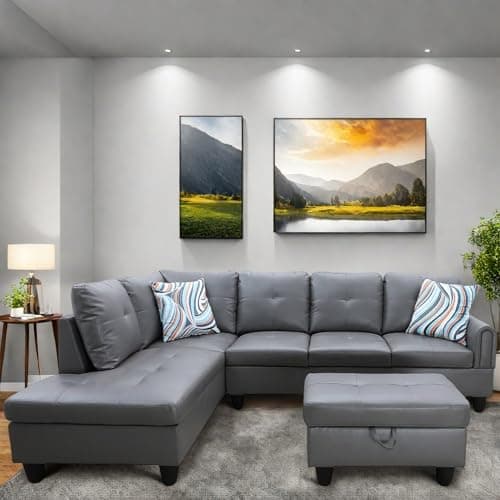 L-Shaped Couch with Chaise, 6 Seat Modern Living Room Sectional in Black/Grey with Storage