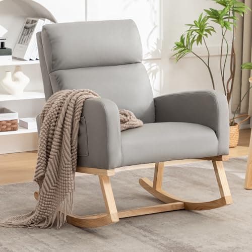 Sherpa Nursing Rocking Chair, Upholstered Glider with Side Pocket, Light Grey