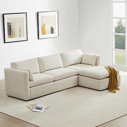 FSC Certified Chita L-Shaped Sofa, 112" Wide, 4 Seat Modular with Storage Ottoman, Linen