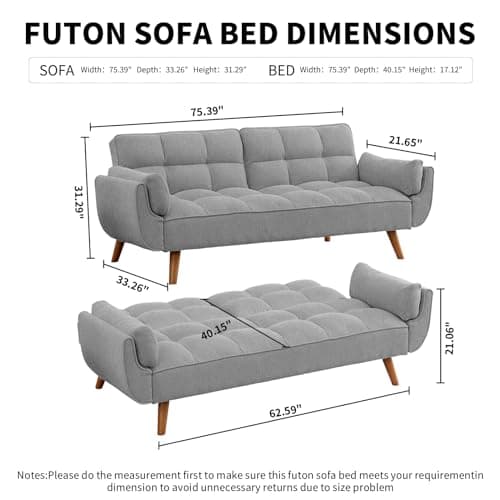 Gray Linen Convertible Futon 3-Seater Sofa Bed with Adjustable Backrests