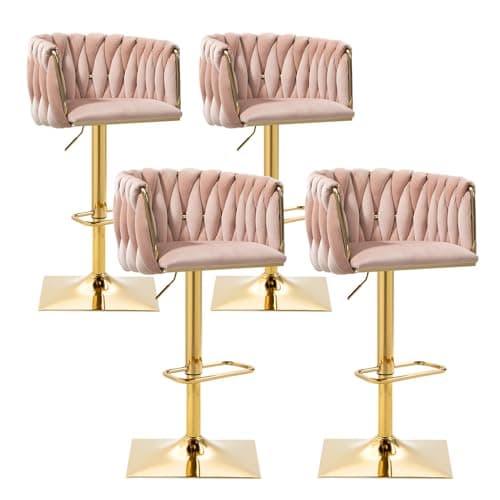 Antetek Modern Swivel Bar Stool Set, Adjustable Height, Woven Back, Silver Base, Blue Teddy
