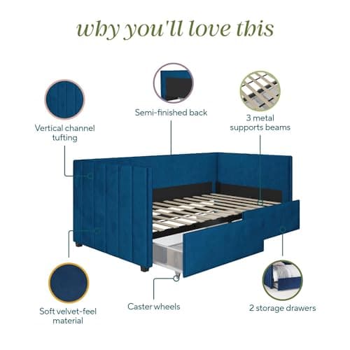 Novogratz Arliss Modern Glam Tuxedo Daybed with Storage, Twin, Blue Velvet