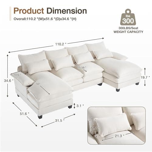 110.2" U-Shaped Chenille Couch, Modern 4-Seat Sectional with Double Chaise