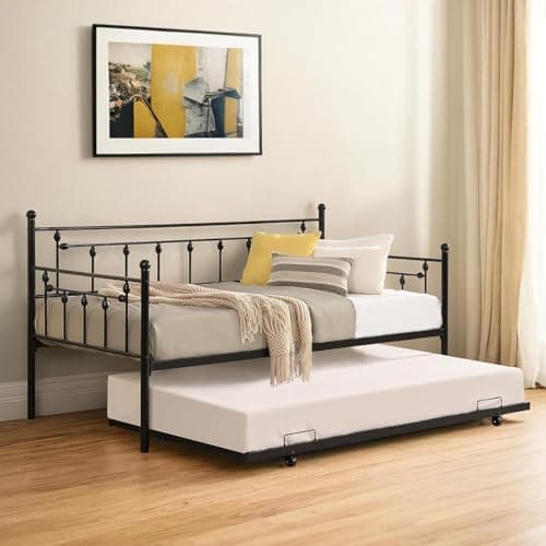 Modern Metal Twin Day Bed with Pop Up Trundle, Steel Slat Support (Black)