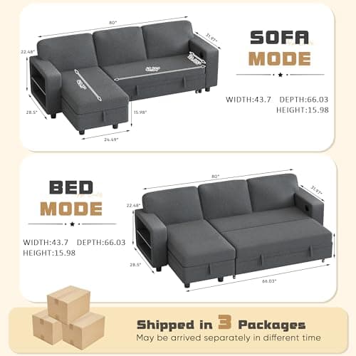 Furmax Grey 3-Seat L-Shaped Sleeper Sofa with Storage & USB Ports