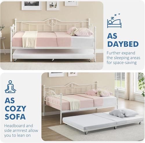 Modern Steel Slat Twin Daybed with Pull Out for Kids & Living Room, White