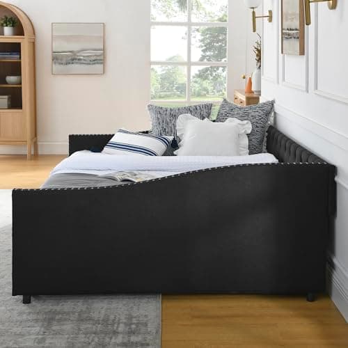 Queen Size Wood Daybed with Drawers and Linen Upholstered Sofa Bed
