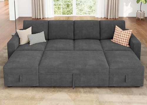 HONBAY Dark Grey Corduroy Modular Sectional Sleeper Sofa Bed