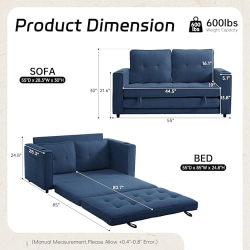 Dark Blue Modern Comfortable Loveseat Sleeper Sofa Bed