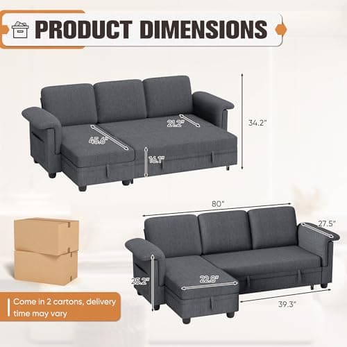 JUMMICO Grey Linen L-Shaped Sleeper Sofa with Storage
