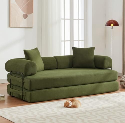 3-Seater Convertible Sofa Bed with Removable Backrest, King Size Green Corduroy for Living Room/Dorm