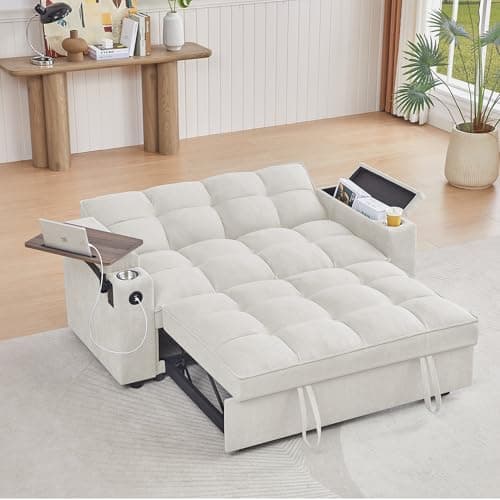 65" 3-in-1 Folding Sofa Bed, Chenille Fabric, 360° Swivel Table, Grey