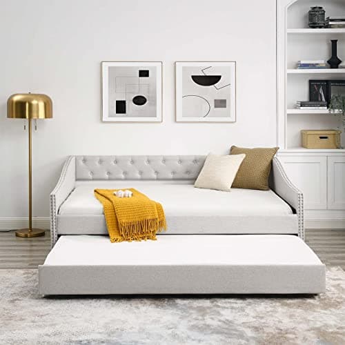 Antetek Full Size Linen Upholstered Daybed with Trundle – Modern Button-Tufted Sofa Frame for Bedroom or Living Room (Beige)