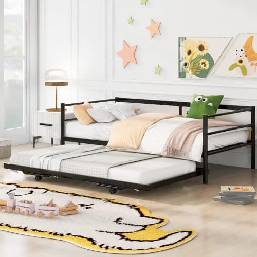 Modern Metal Twin Day Bed with Pop Up Trundle, Steel Slat Support (Black)