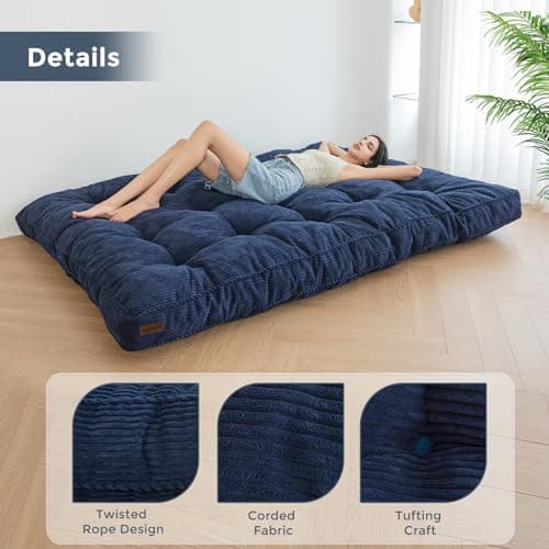 MAXYOYO Full Size Tufted Futon Mattress, Extra Thick Shredded Foam Filling, Navy