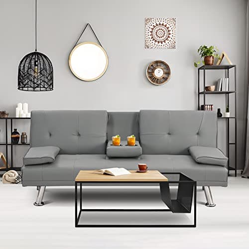 Modern Futon Sofa Bed with Adjustable Positions and Cup Holder - White