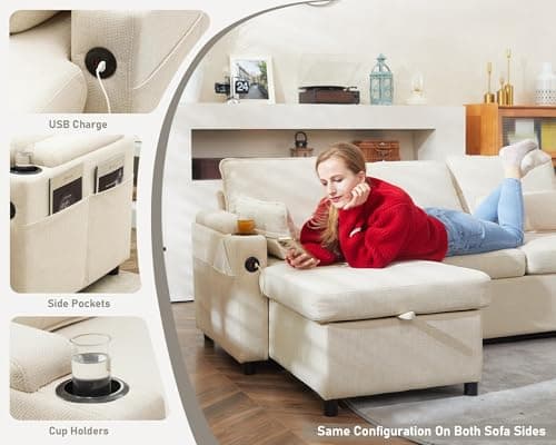 DURASPACE Beige 2-in-1 Pull Out Sectional Sleeper Sofa with Storage