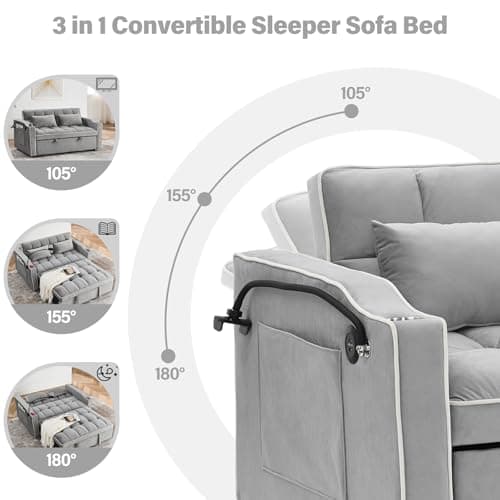 3-in-1 Velvet Convertible Sofa Bed with Adjustable Backrest, Gray