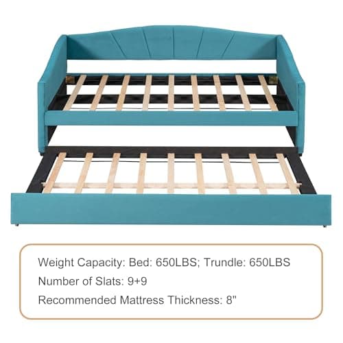 Blue Velvet Upholstered Daybed with Trundle and Backrest