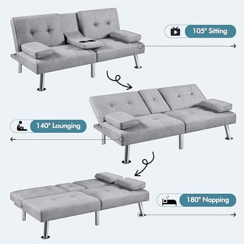 Yaheetech Light Gray Reversible Couch Bed with Removable Arms & Cup Holders