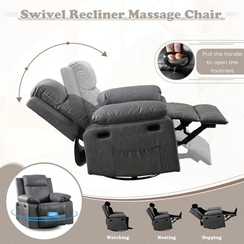 Rocking Recliner with Massage Heat, Faux Leather Nursery Chair - Grey