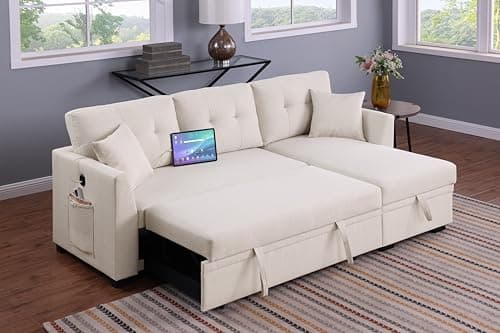 Eafurn Reversible Corduroy L-Shaped Sleeper Sectional With Chaise, USB Ports, Living Room Sofa Bed