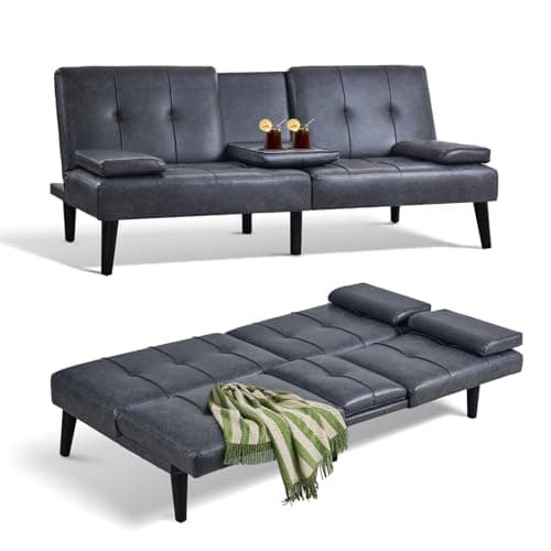 COLAMY Convertible Futon Sofa Bed - Light Grey with Cup Holders