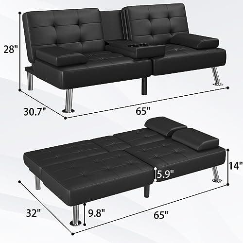 Flamaker Black PU Leather Modern Folding Futon Sofa Bed with Cup Holders
