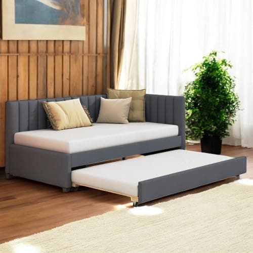 Full Size Upholstered Daybed with Solid Wood Trundle, Grey No Box Spring Needed