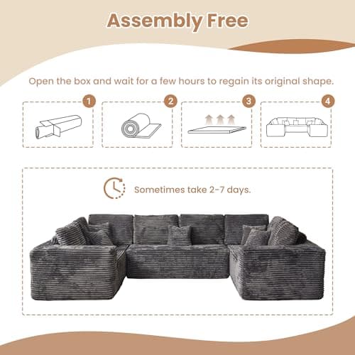 HOOOWOO Cloud Modular Sectional Couch, No Assembly, Gray Plush Corduroy